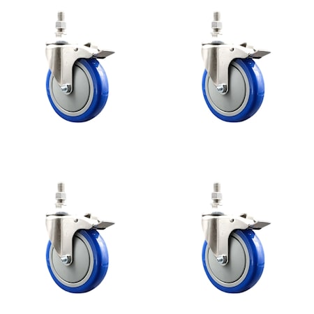 Service Caster 5 Inch 316SS Blue Polyurethane Wheel Swivel 3/8 Inch Stem Caster Set Lock Brake SS316TSTTL20S514-PPUB-BLUE-381615-4